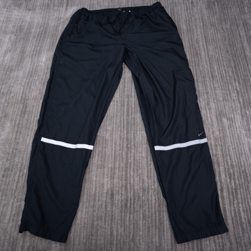 Nike Track Pants Mens XL Navy Blue Good Nylon Zipper Pockets Stripe Swoosh